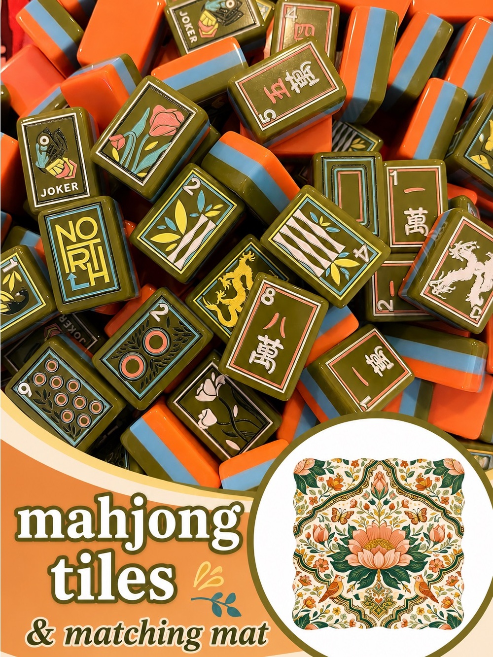 New! Mahjong Tiles and Mat Green Botanical Butterfly Similar to Mary Benson